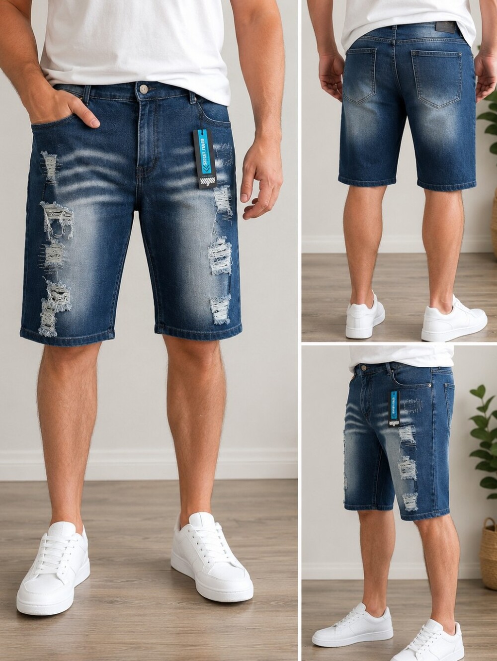 Street Rules Men's 38 Distressed Stretch Denim Shorts 14" Inseam Blue Jean Short